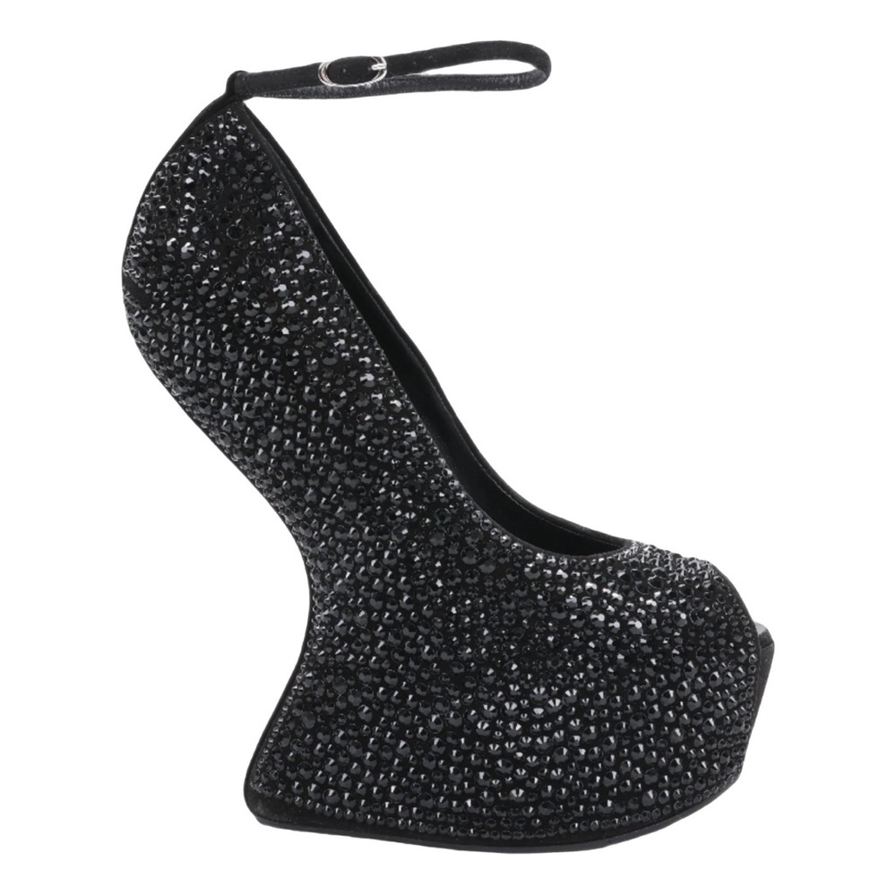 Black Crystal Embellished Ankle-Strap Wedge Pump